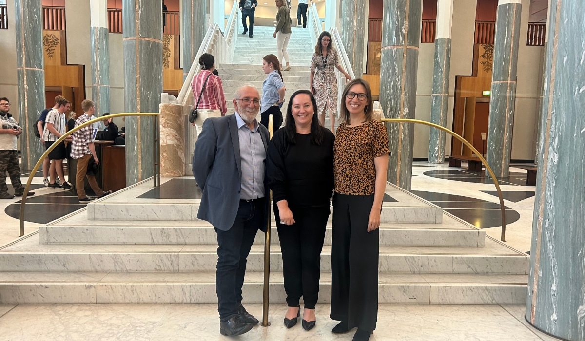 The Music Education: Right from the Start project team (from left: Eric Sidoti, Dr Anita Collins, and Emily Albert) at Parliament House on 14 November.